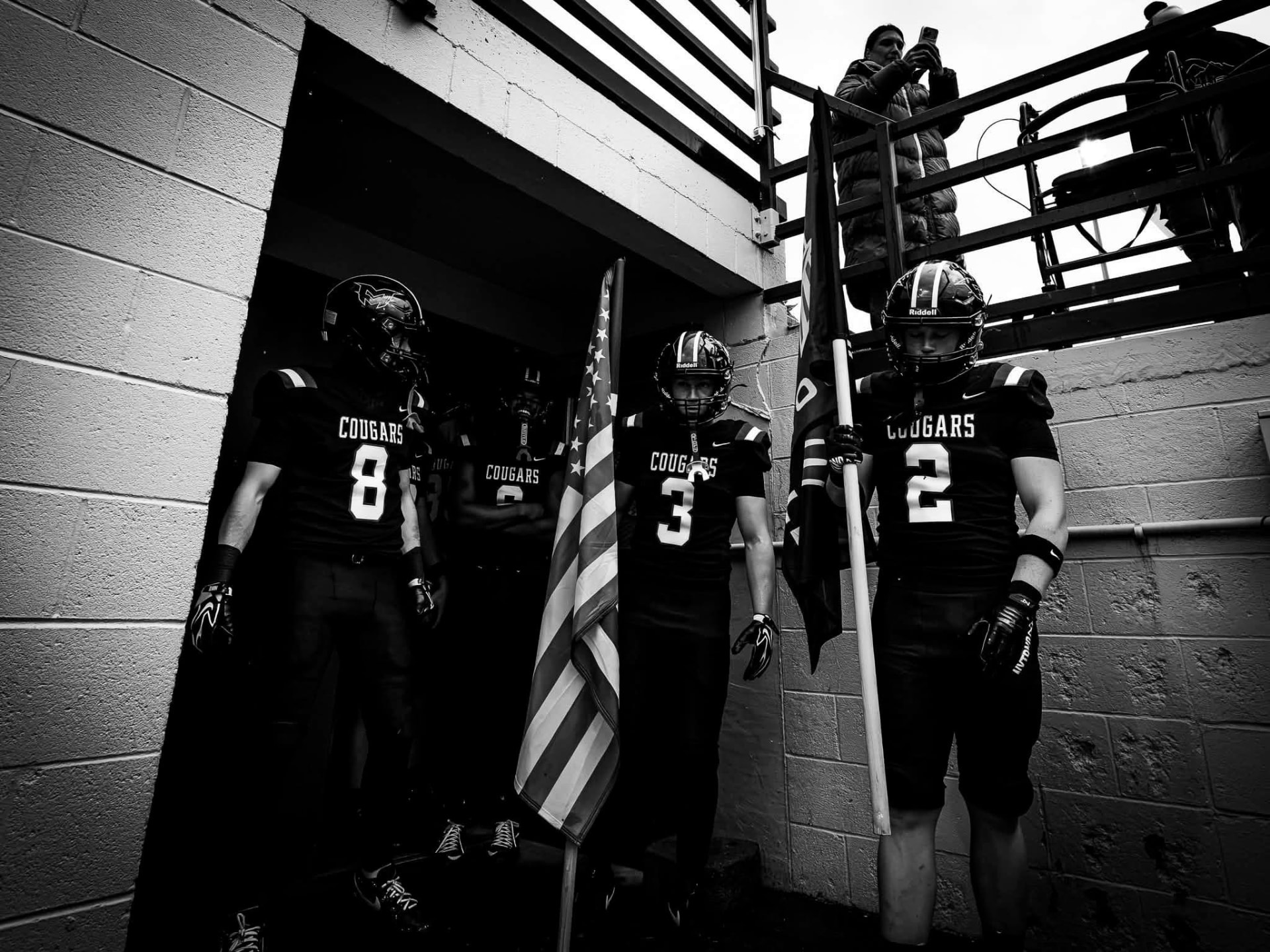 Cougars take the field through the tunnel carrying flags